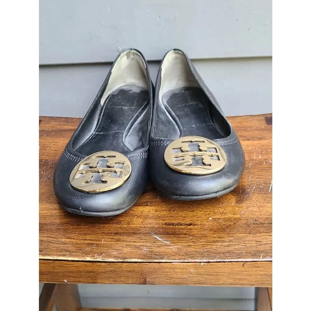 Tory Burch Black Reva Black Leather Ballet with Gold Logo size 9M